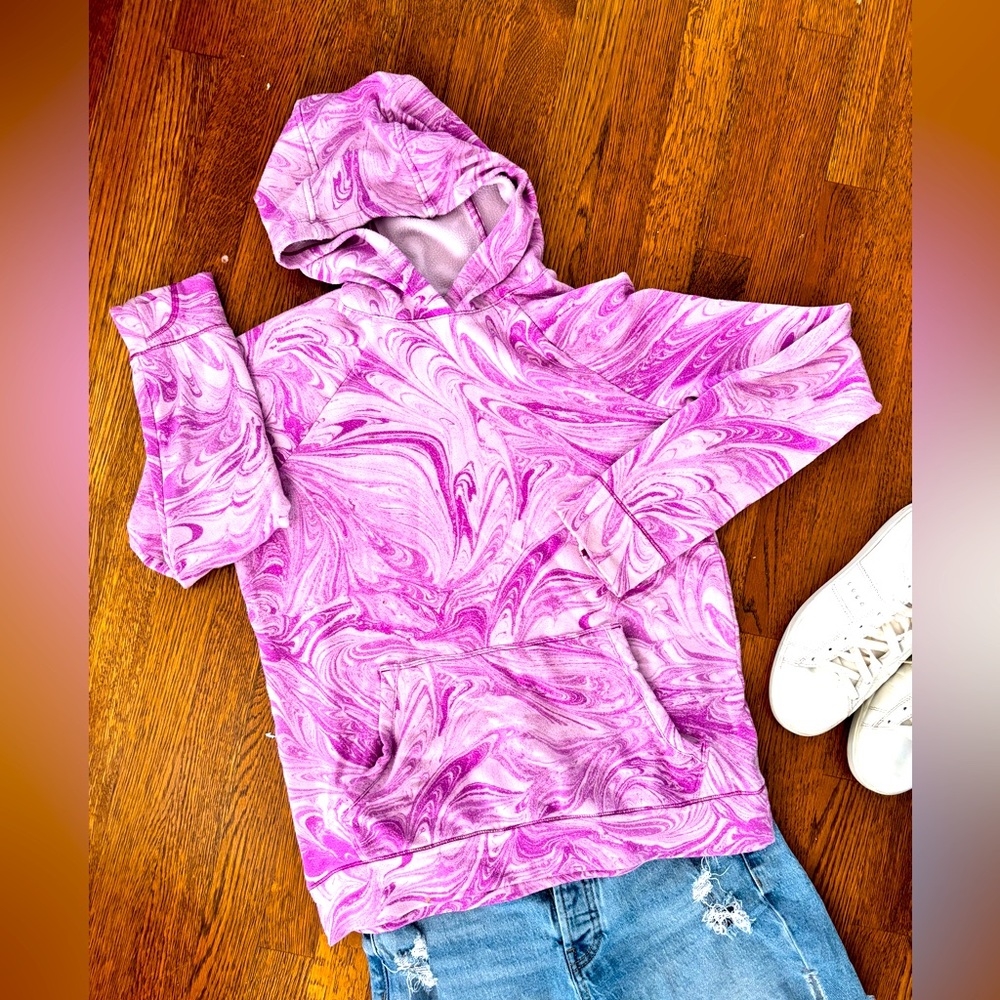 Athleta Girl fuchsia/pink swirl hoodie GUC size 16/xxl pockets, thumbholes